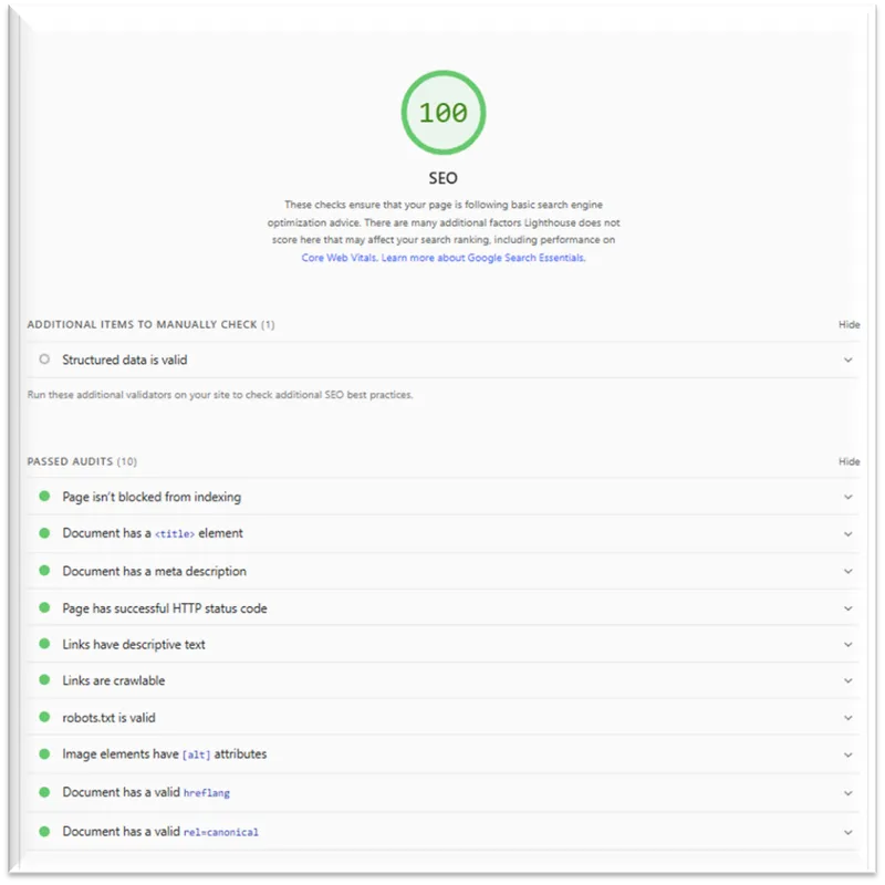 Perfect SEO audit score for local business website in Ontario
