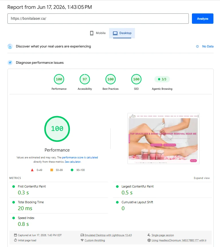 Bonita Laser PageSpeed Insights desktop report: 100 Performance, 100 SEO, 100 Best Practices, 3/3 Agentic Browsing