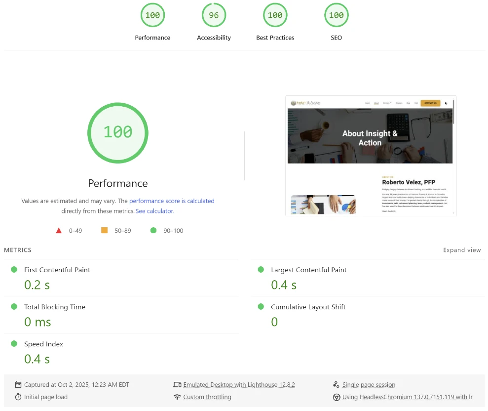 Insight & Action PageSpeed Insights mobile report showing 100/100 performance score