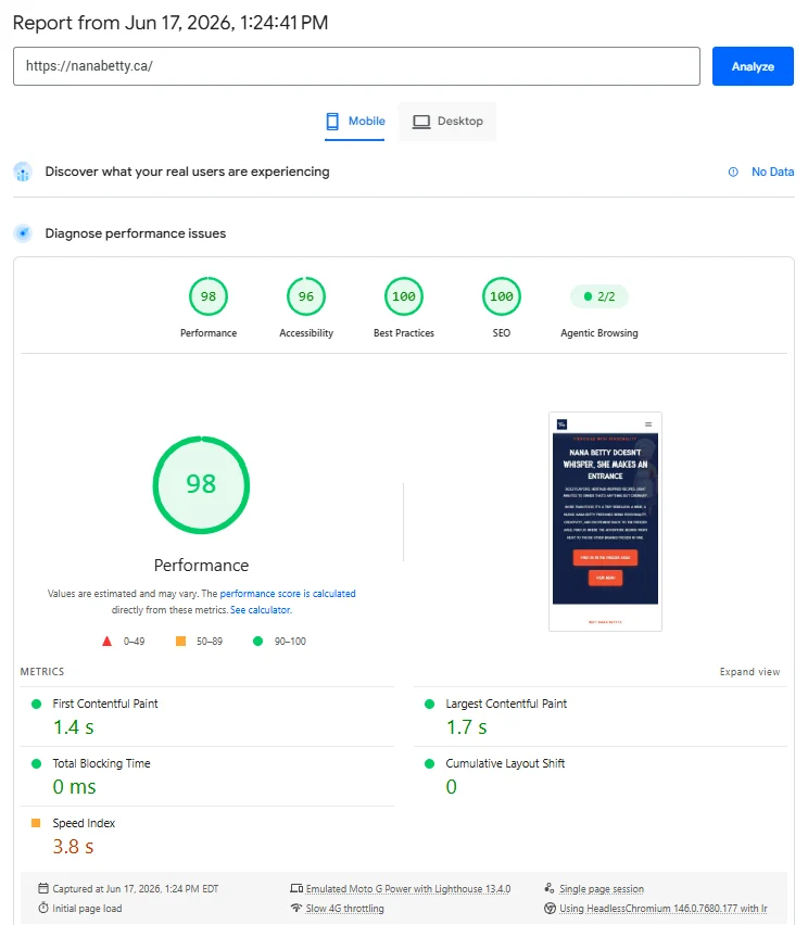 Nana Betty PageSpeed Insights mobile report: 98 Performance, 100 SEO, 2/2 Agentic Browsing